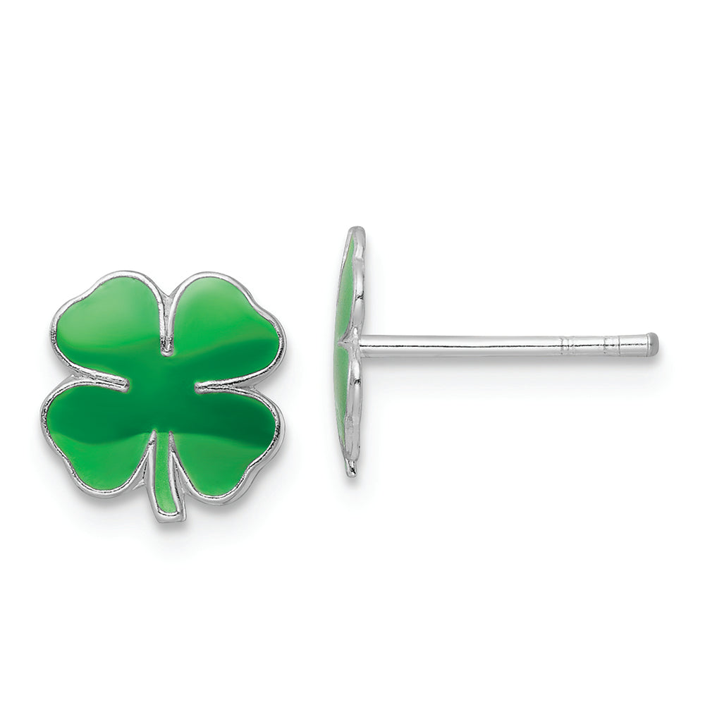 Sterling Silver RH-plated Enamel Kids Four Leaf Clover Post Earrings