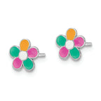 Sterling Silver RH-plated Enamel Kids Flower Post Earrings