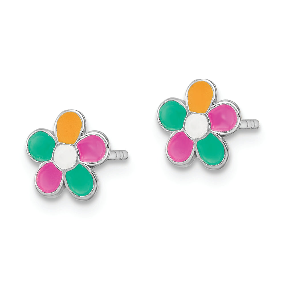 Sterling Silver RH-plated Enamel Kids Flower Post Earrings