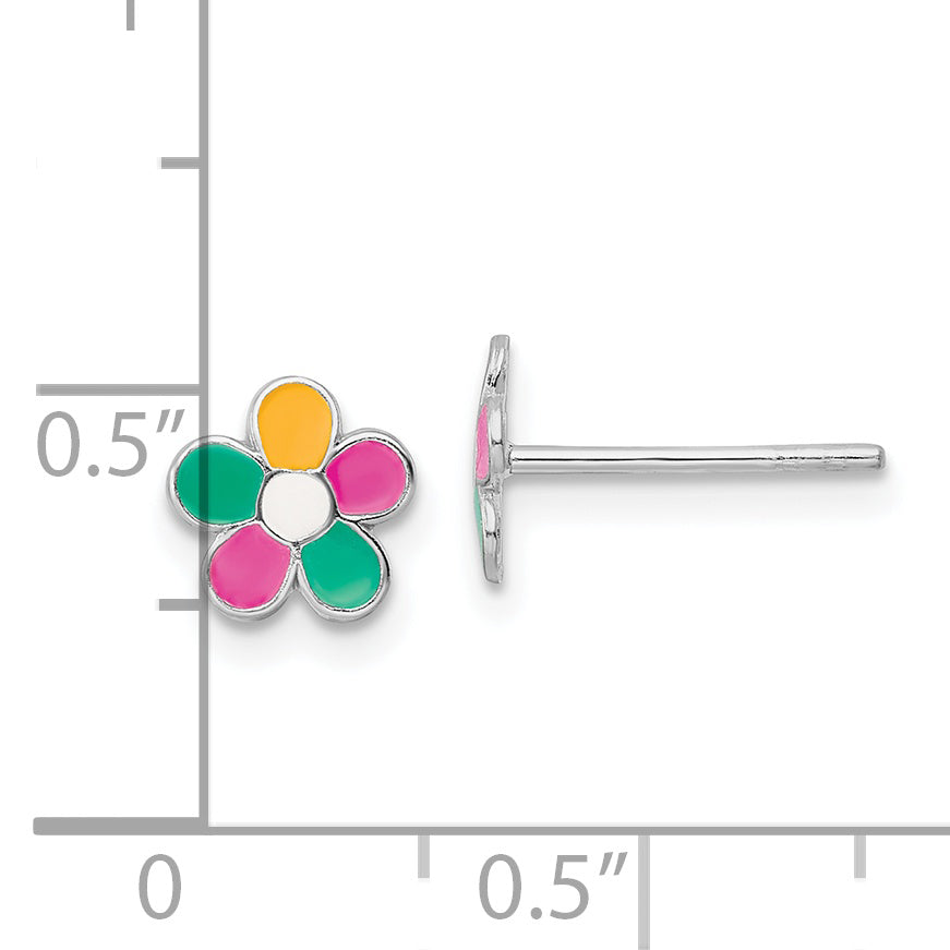 Sterling Silver RH-plated Enamel Kids Flower Post Earrings