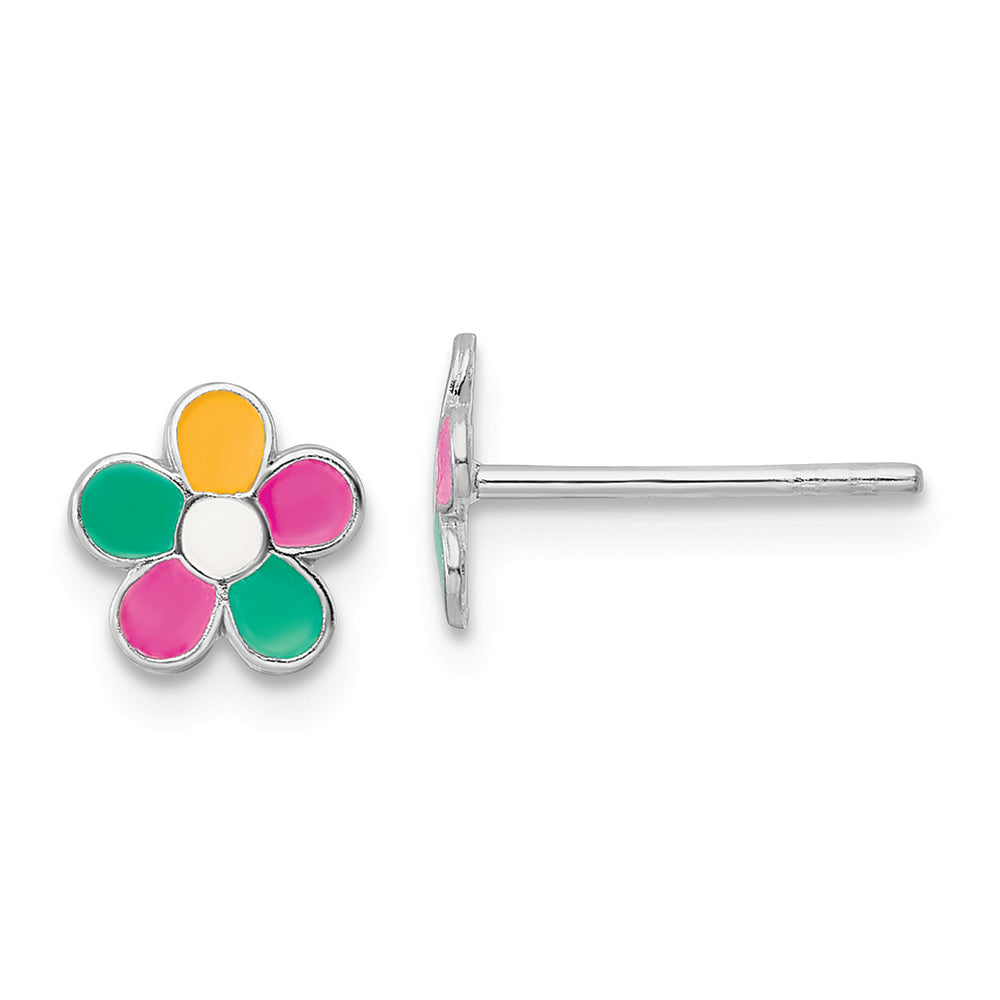 Sterling Silver RH-plated Enamel Kids Flower Post Earrings