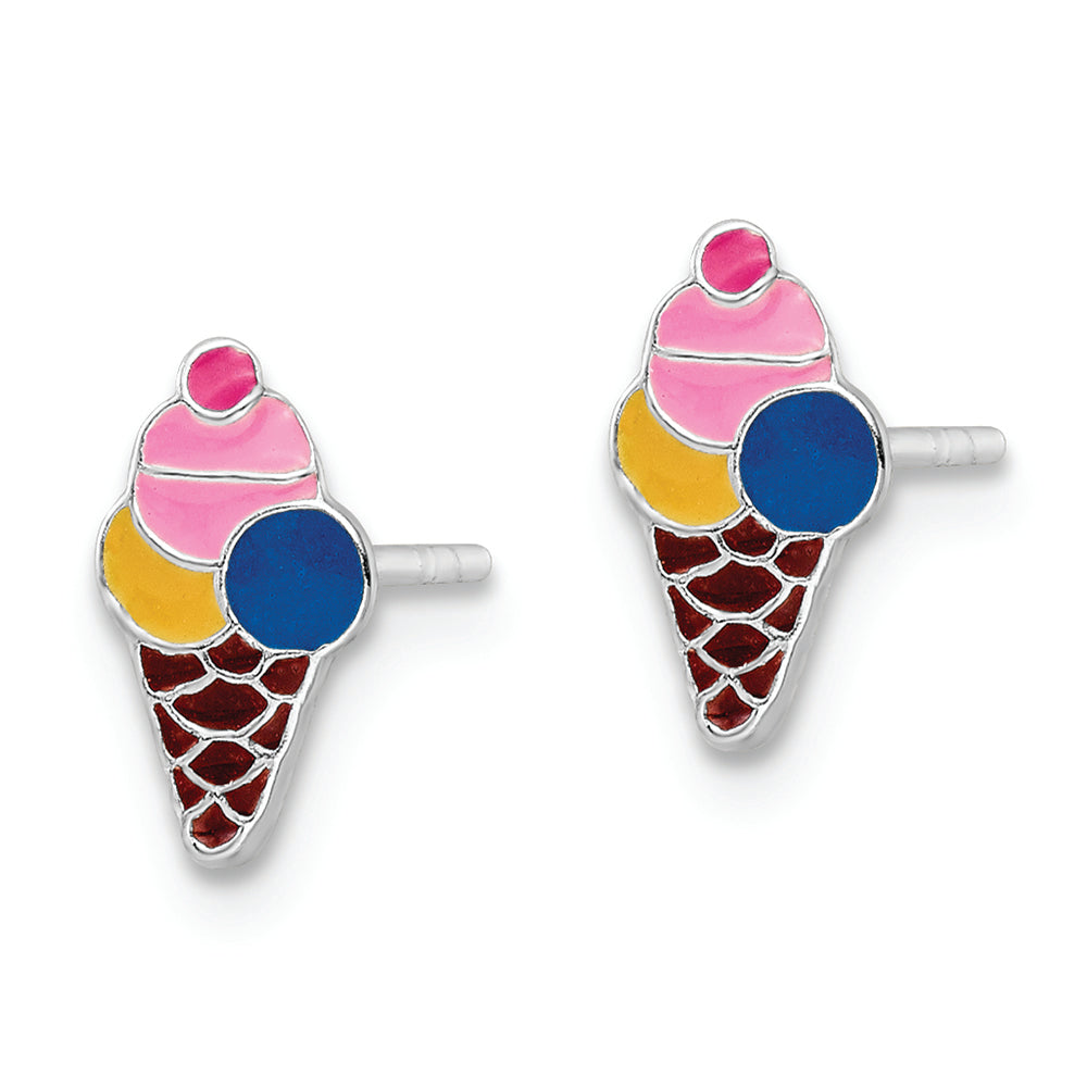 Sterling Silver RH-plated Enamel Kids Ice Cream Cone Post Earrings