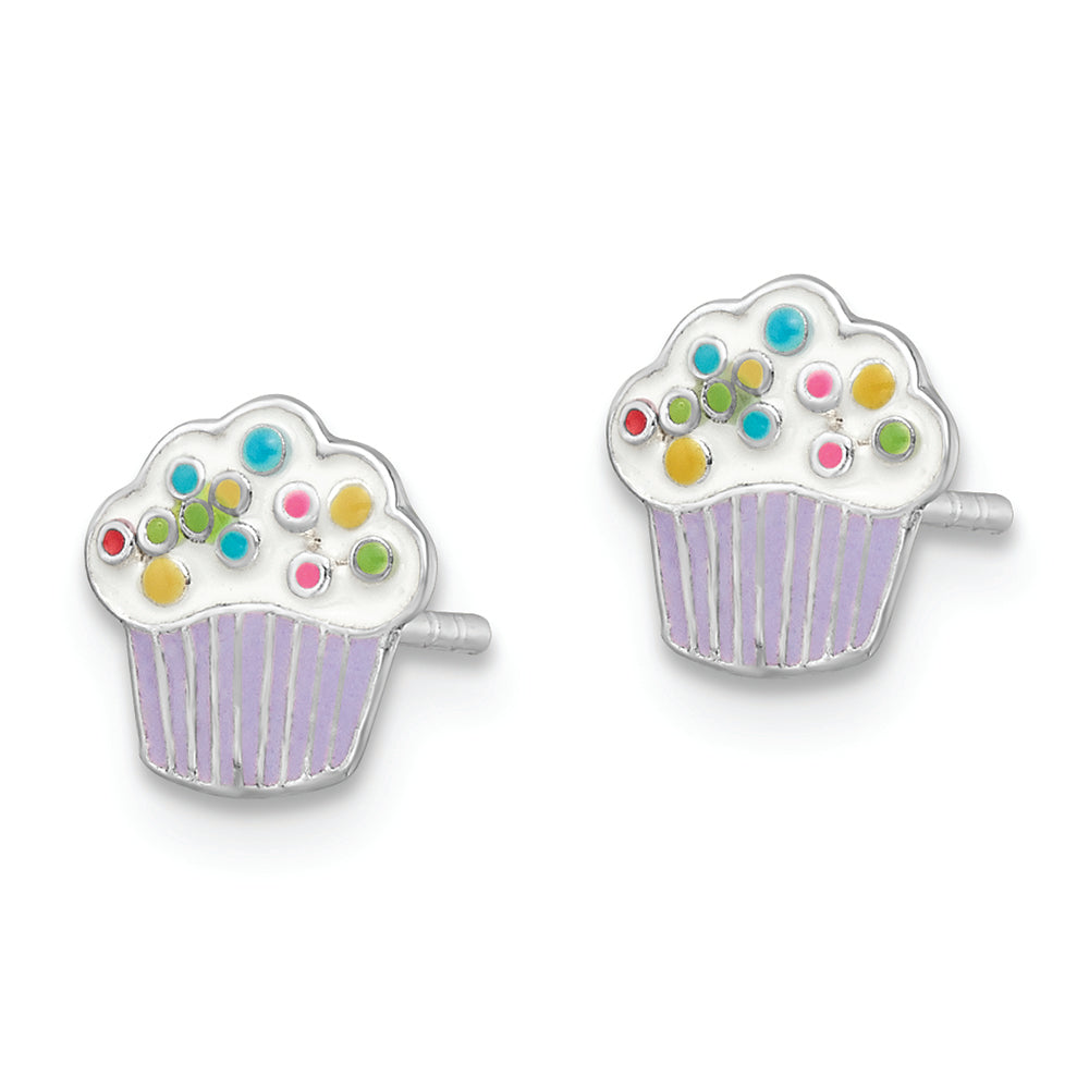 Sterling Silver RH-plated Enamel Kids Cupcake Post Earrings