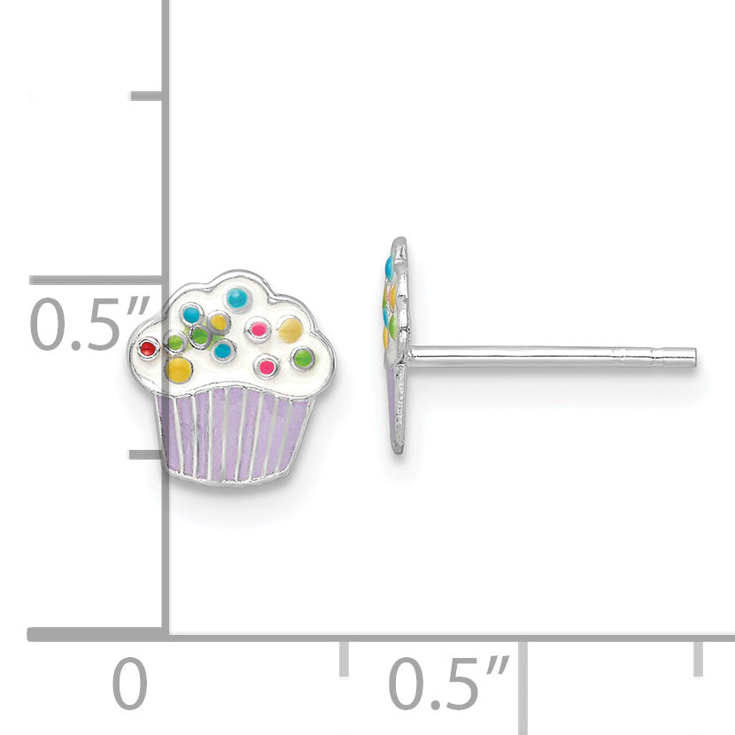 Sterling Silver RH-plated Enamel Kids Cupcake Post Earrings