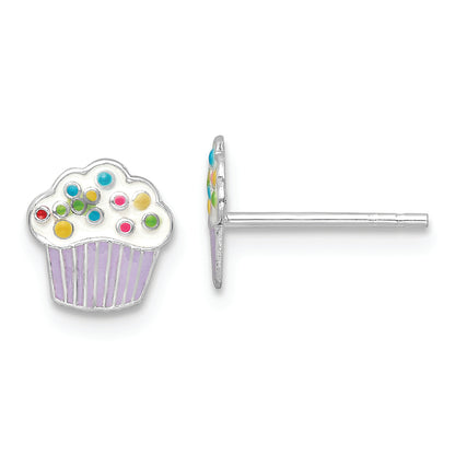 Sterling Silver RH-plated Enamel Kids Cupcake Post Earrings