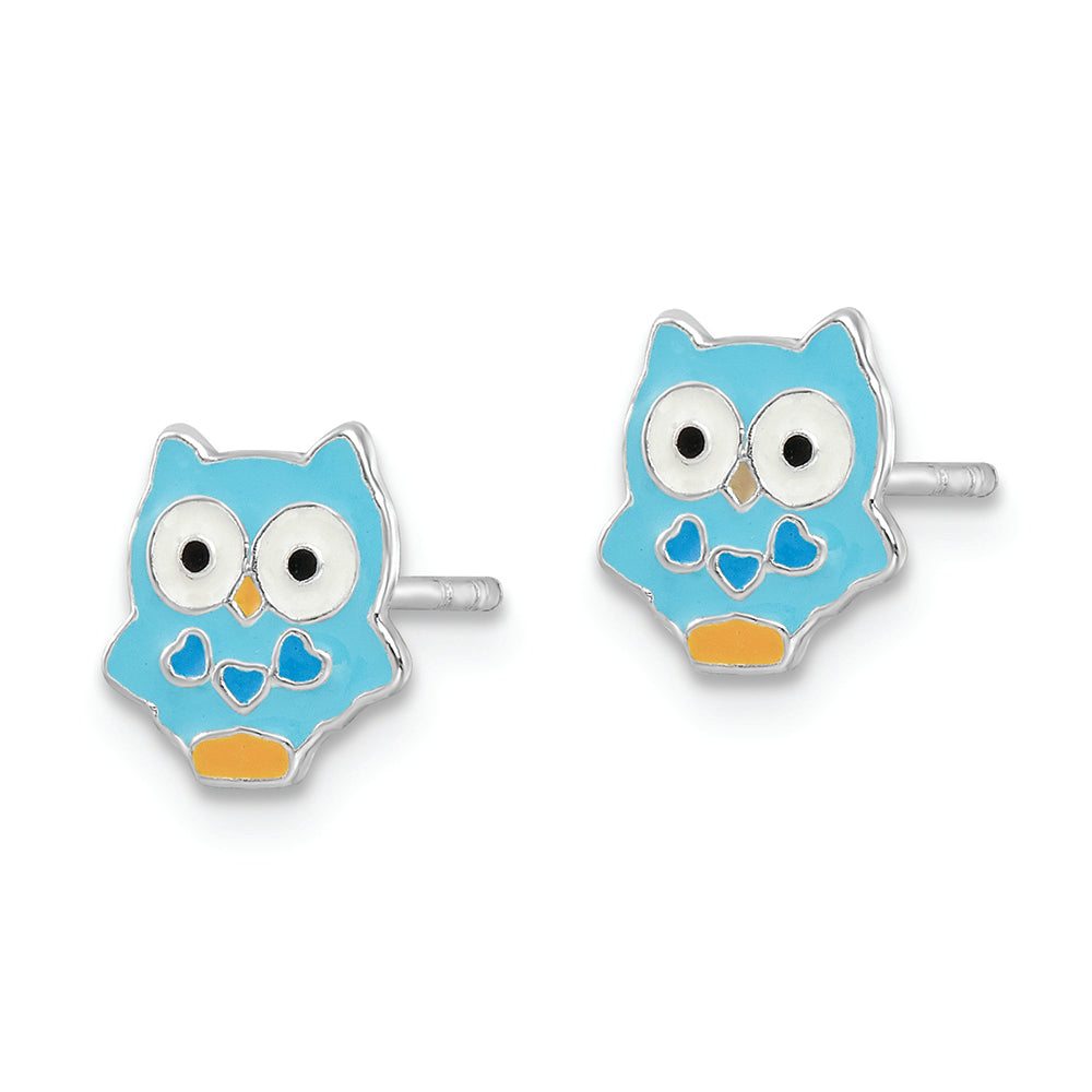 Sterling Silver RH-plated Enamel Kids Blue Owl Post Earrings