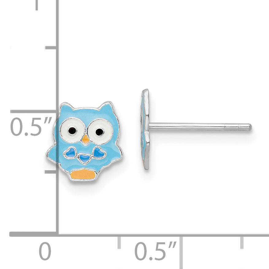 Sterling Silver RH-plated Enamel Kids Blue Owl Post Earrings