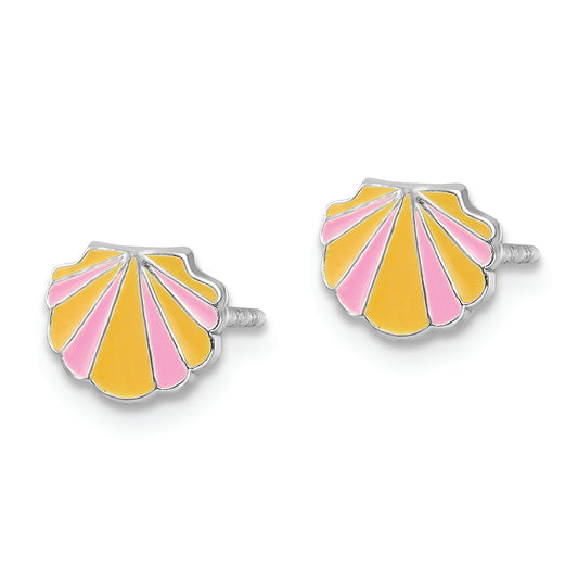 Sterling Silver RH-plated Enamel Kids Shell Post Earrings