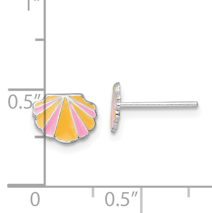 Sterling Silver RH-plated Enamel Kids Shell Post Earrings