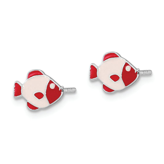 Sterling Silver RH-plated Pink Enamel Kids Fish Post Earrings