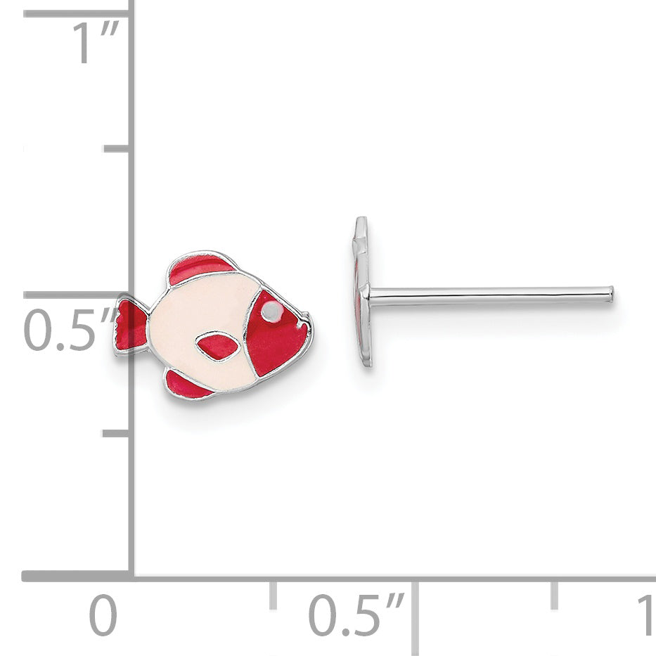 Sterling Silver RH-plated Pink Enamel Kids Fish Post Earrings