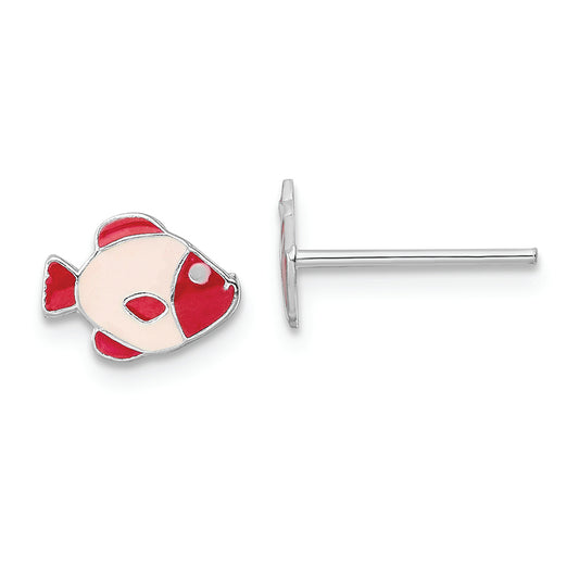 Sterling Silver RH-plated Pink Enamel Kids Fish Post Earrings