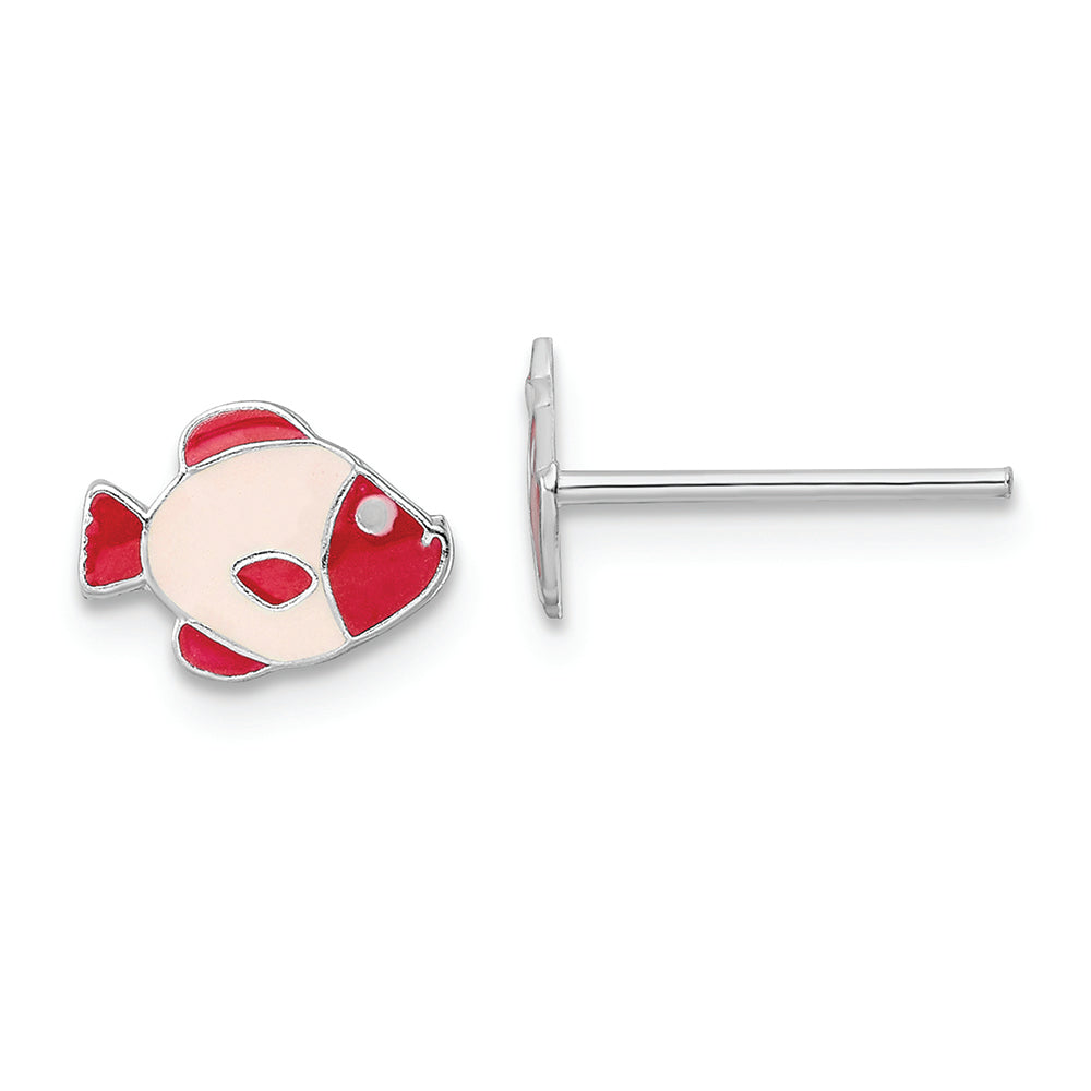 Sterling Silver RH-plated Pink Enamel Kids Fish Post Earrings