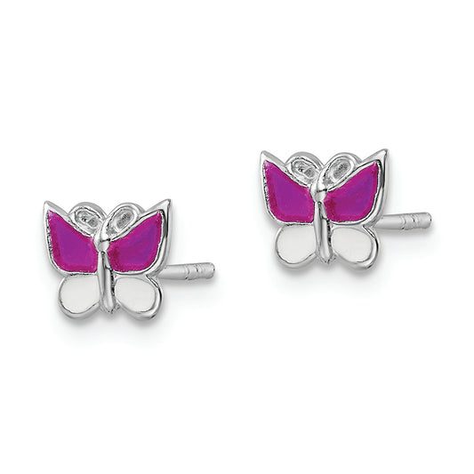 Sterling Silver RH-plated Enamel Kids Butterfly Post Earrings