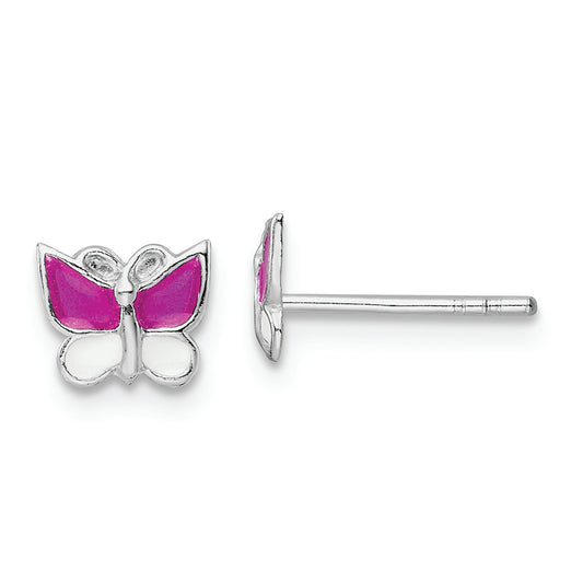 Sterling Silver RH-plated Enamel Kids Butterfly Post Earrings