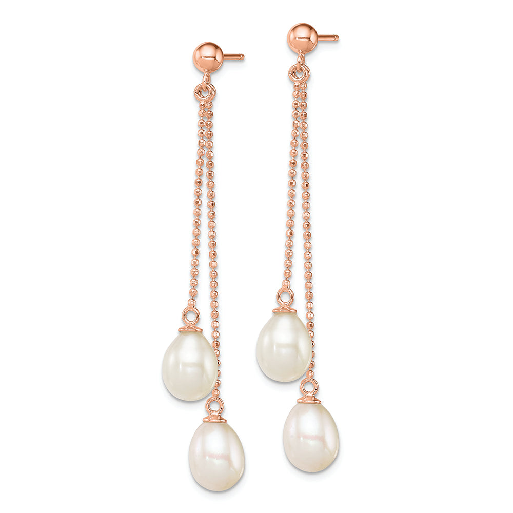 Sterling Silver Rose-tone 7-8mm White Teardrop FWC Pearl Dangle Earrings