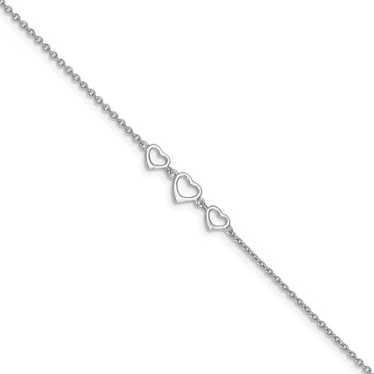 Sterling Silver 10 in Plus1 in ext Three Hearts Anklet