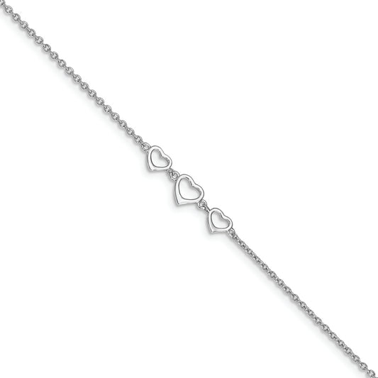 Sterling Silver 10 in Plus1 in ext Three Hearts Anklet