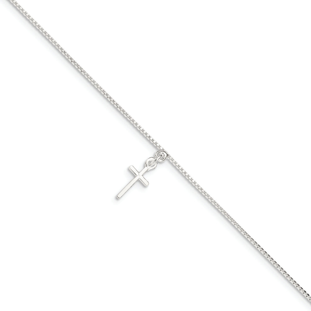 Sterling Silver 10 in Solid Polished Cross on Box Chain Anklet