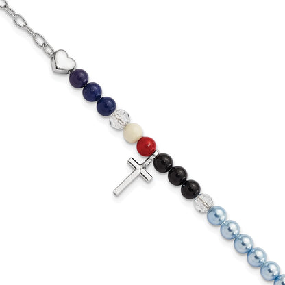 Sterling Silver Jesus' Story Multi Glass Pearl Onyx Agate Crystals Cross 6i