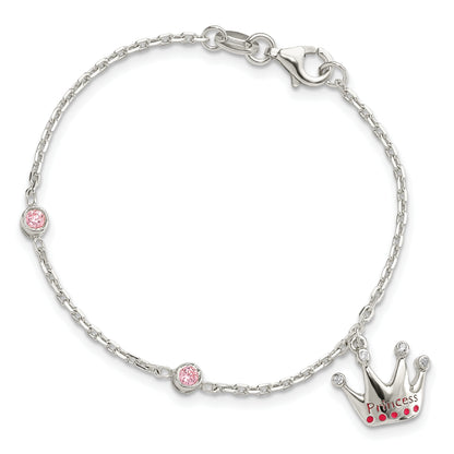 Sterling Silver Kids Pink CZ Enameled Princess Crown Bracelet