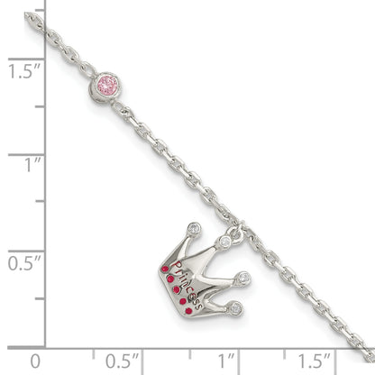 Sterling Silver Kids Pink CZ Enameled Princess Crown Bracelet