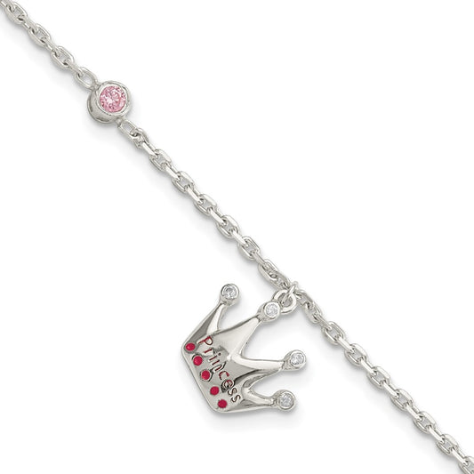 Sterling Silver Kids Pink CZ Enameled Princess Crown Bracelet