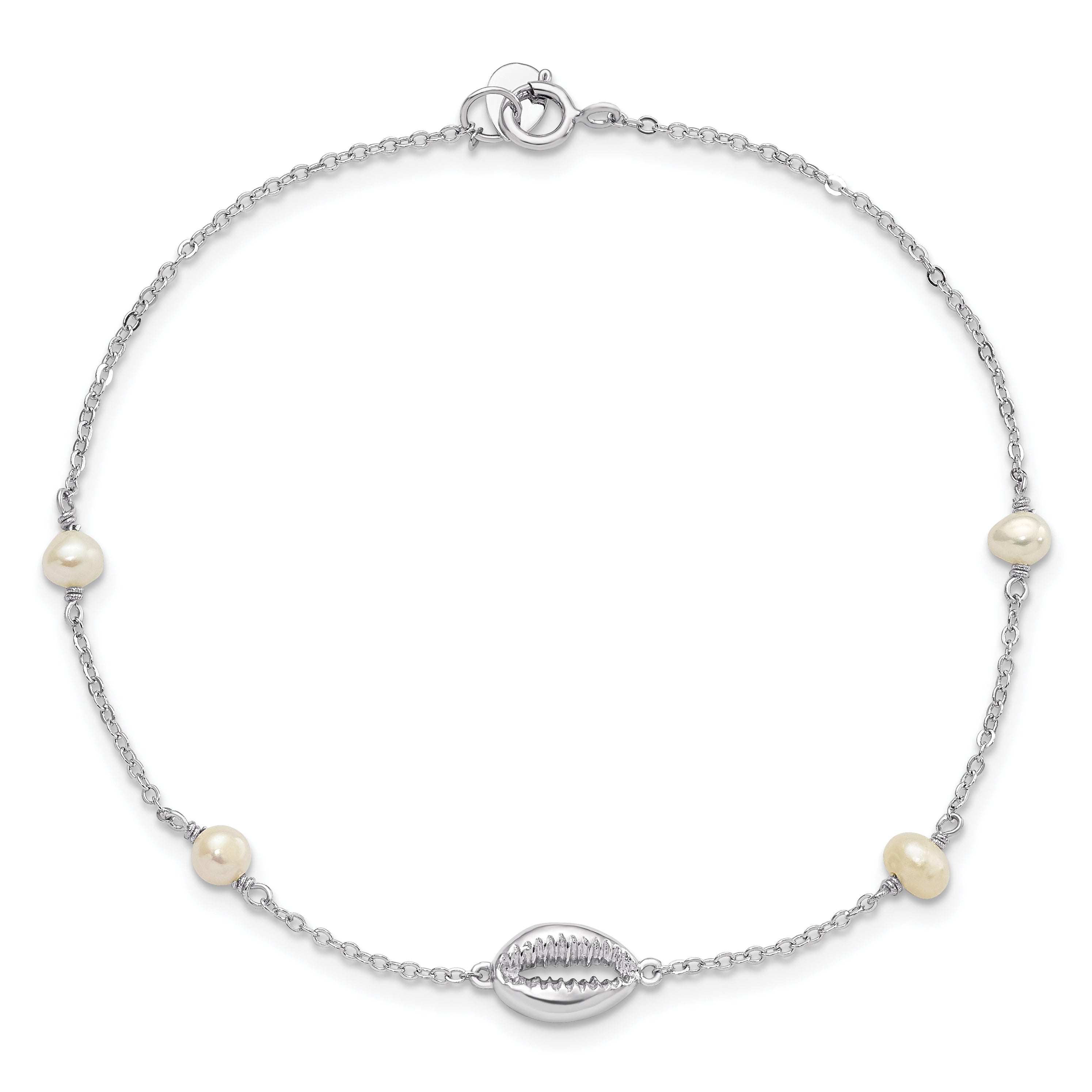 Sterling Silver Rhodium-plated Cowrie Shell & FW Cultured Pearl Bracelet