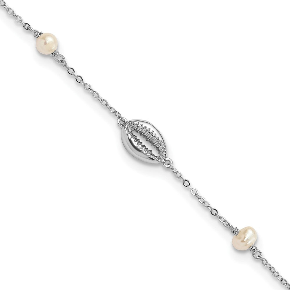 Sterling Silver Rhodium-plated Cowrie Shell & FW Cultured Pearl Bracelet