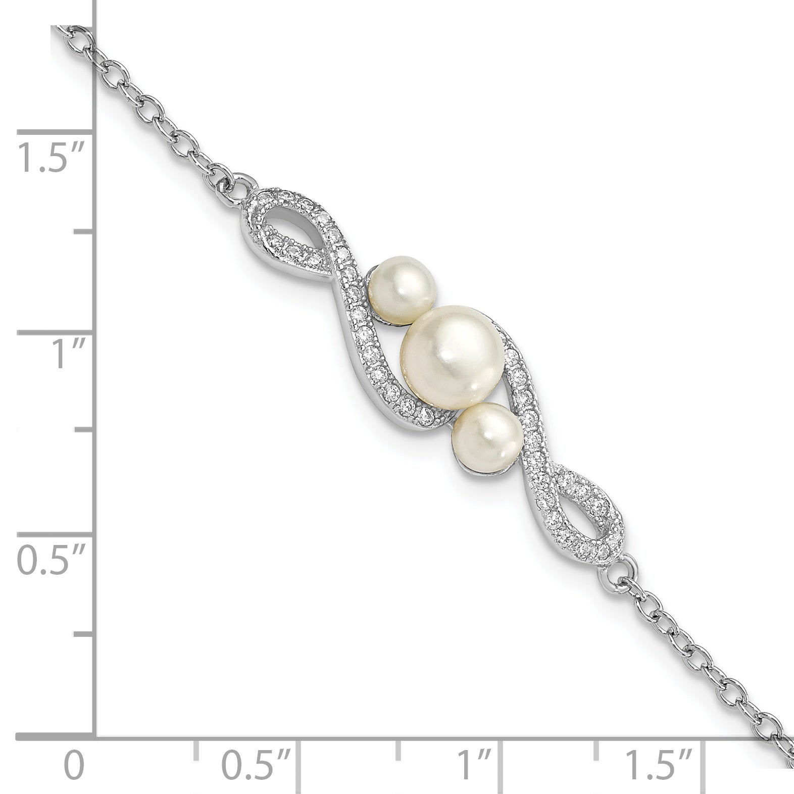 Sterling Silver Rh-pl CZ 4-7mm White Button FWC Pearl w/ 2in ext. Bracelet