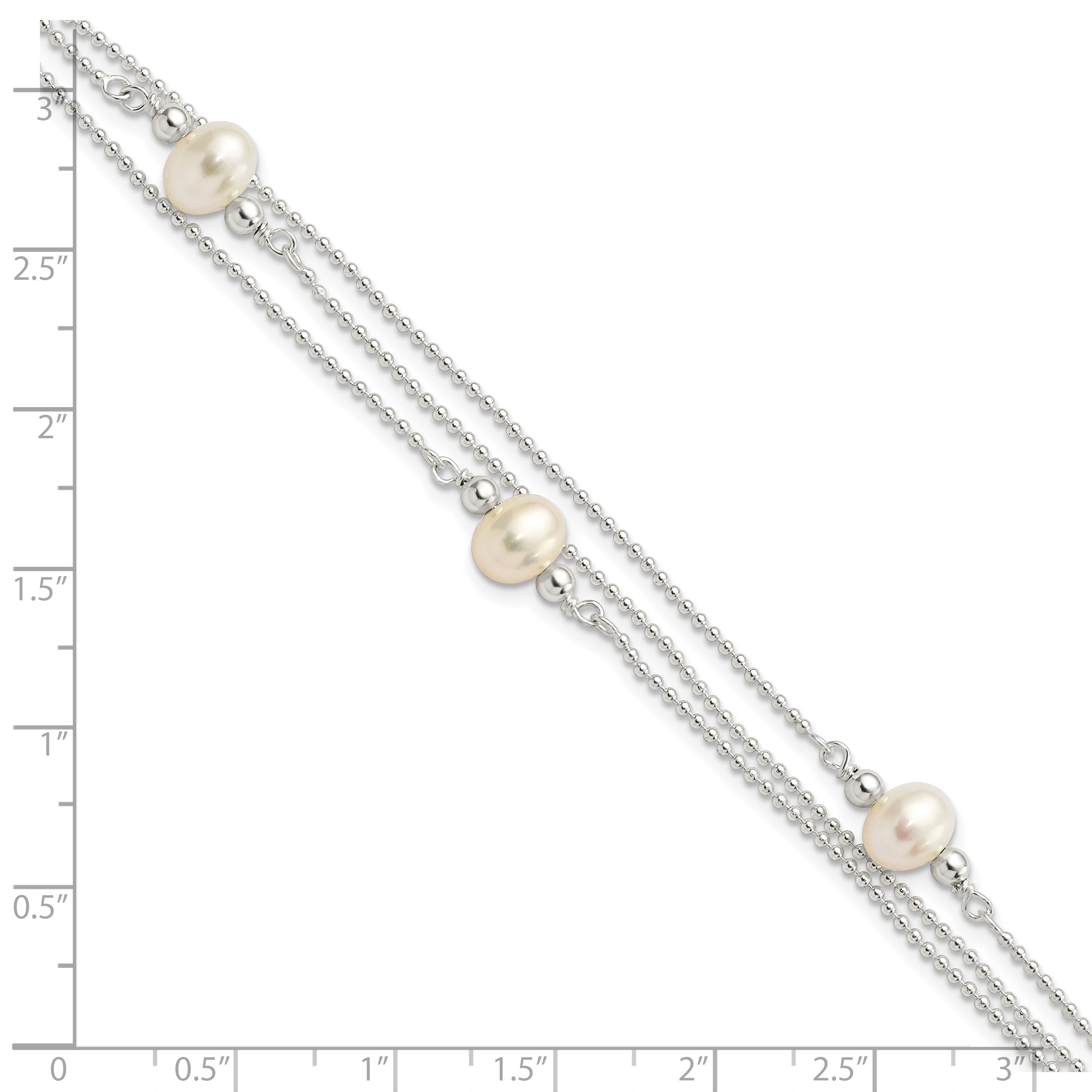 Sterling Silver Polished Glass Pearl w/.75 in ext Bracelet