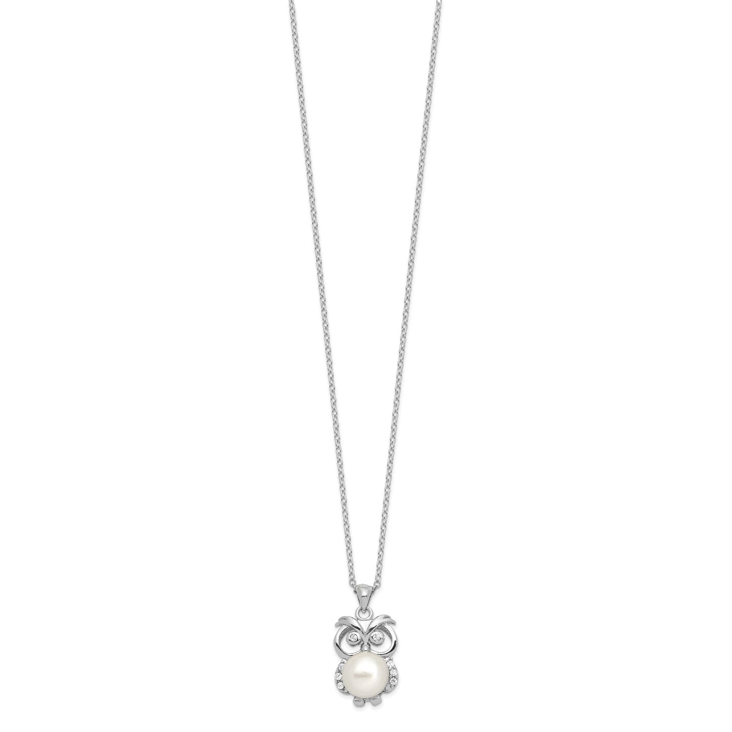 Sterling Silver Rhodium-plated CZ 8-9mm White Button FWC Pearl Owl Necklace