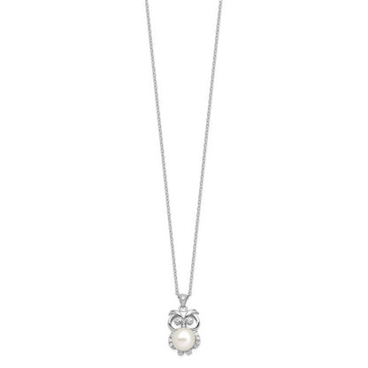 Sterling Silver Rhodium-plated CZ 8-9mm White Button FWC Pearl Owl Necklace