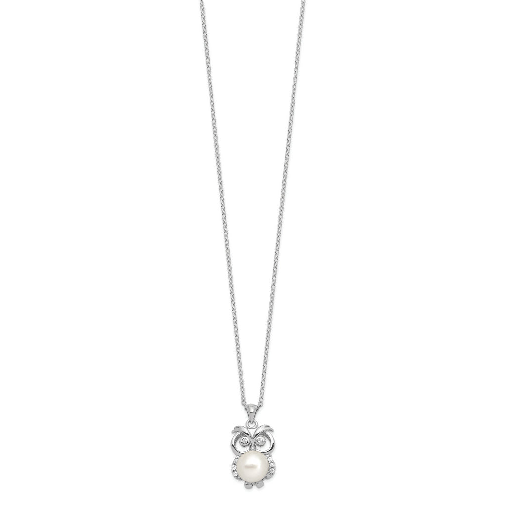 Sterling Silver Rhodium-plated CZ 8-9mm White Button FWC Pearl Owl Necklace