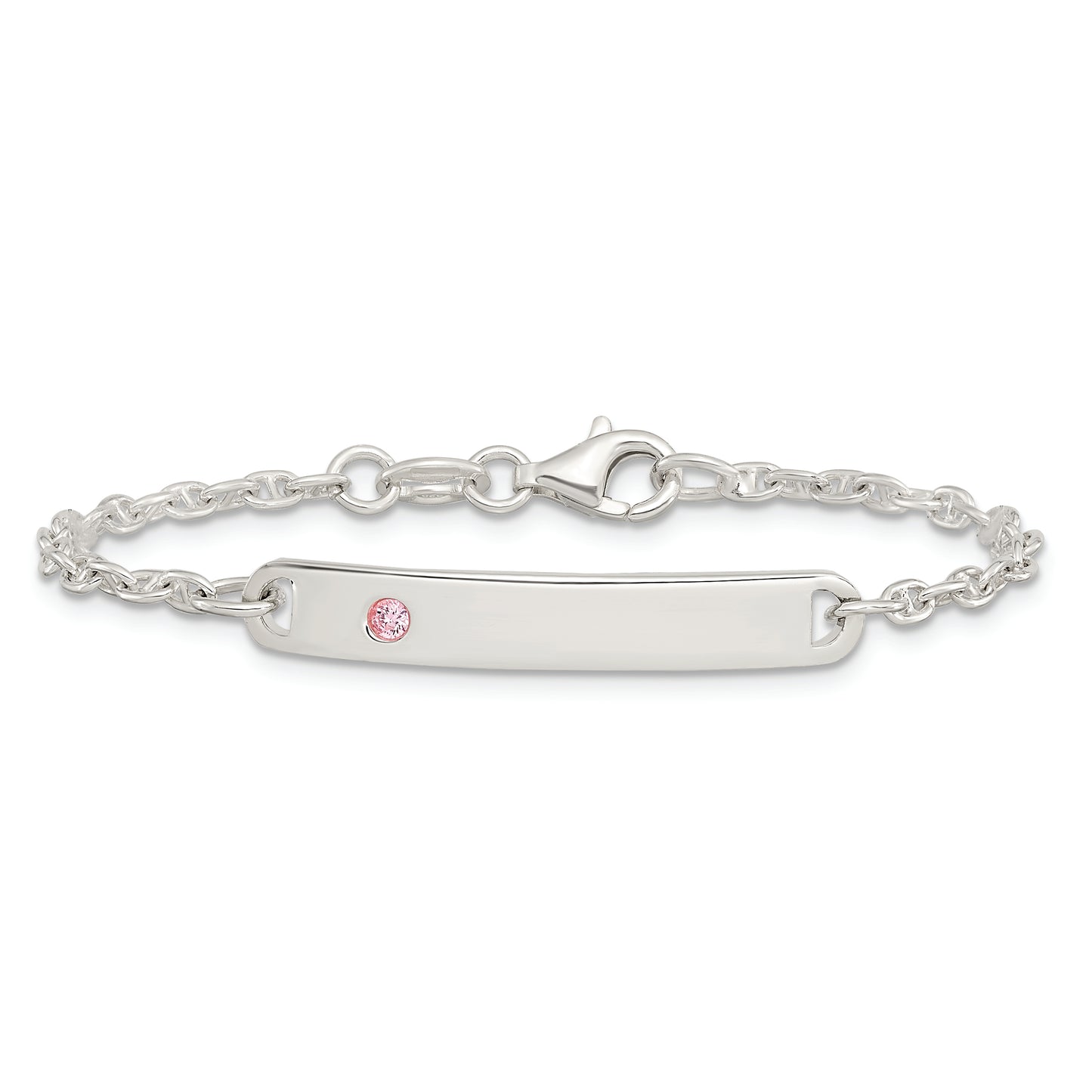 Sterling Silver Polished Childrens ID with Pink CZ Bracelet