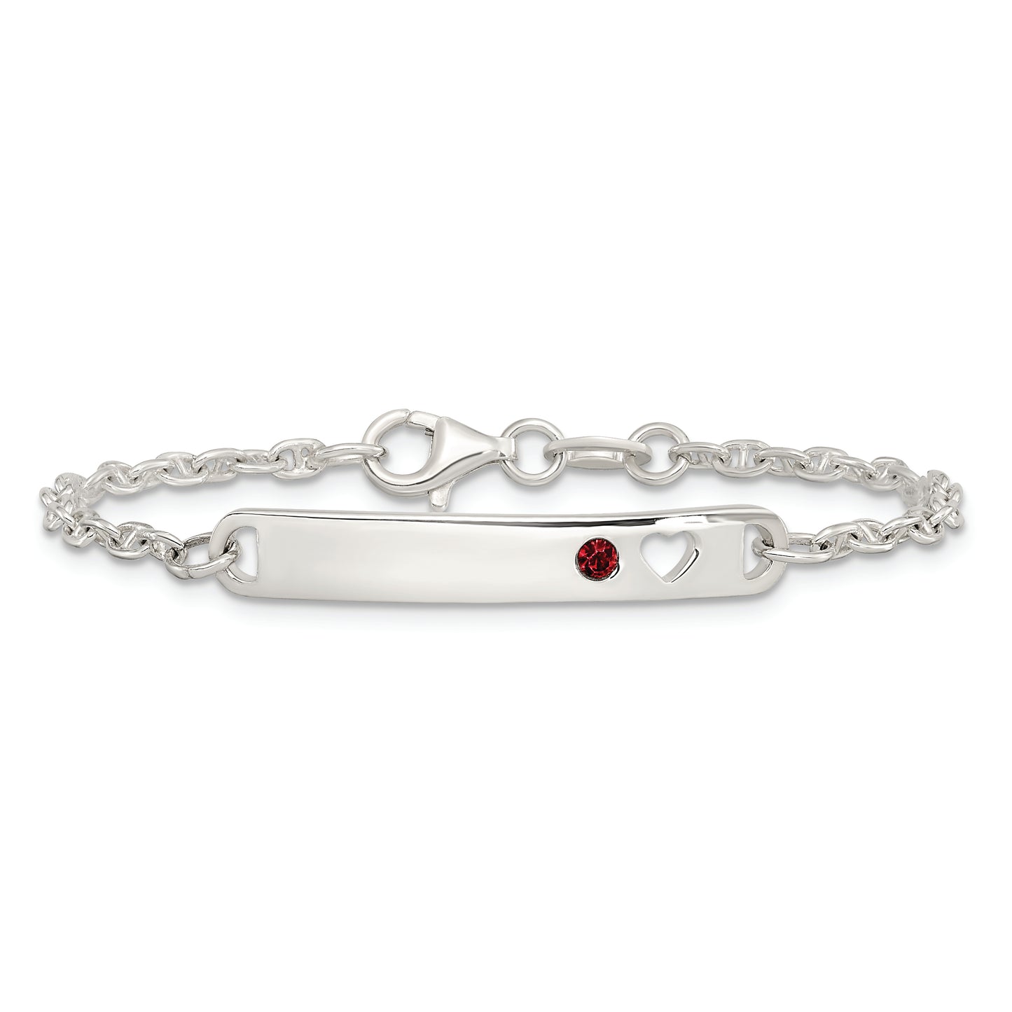 Sterling Silver Polished Childrens ID with Red CZ Heart Bracelet