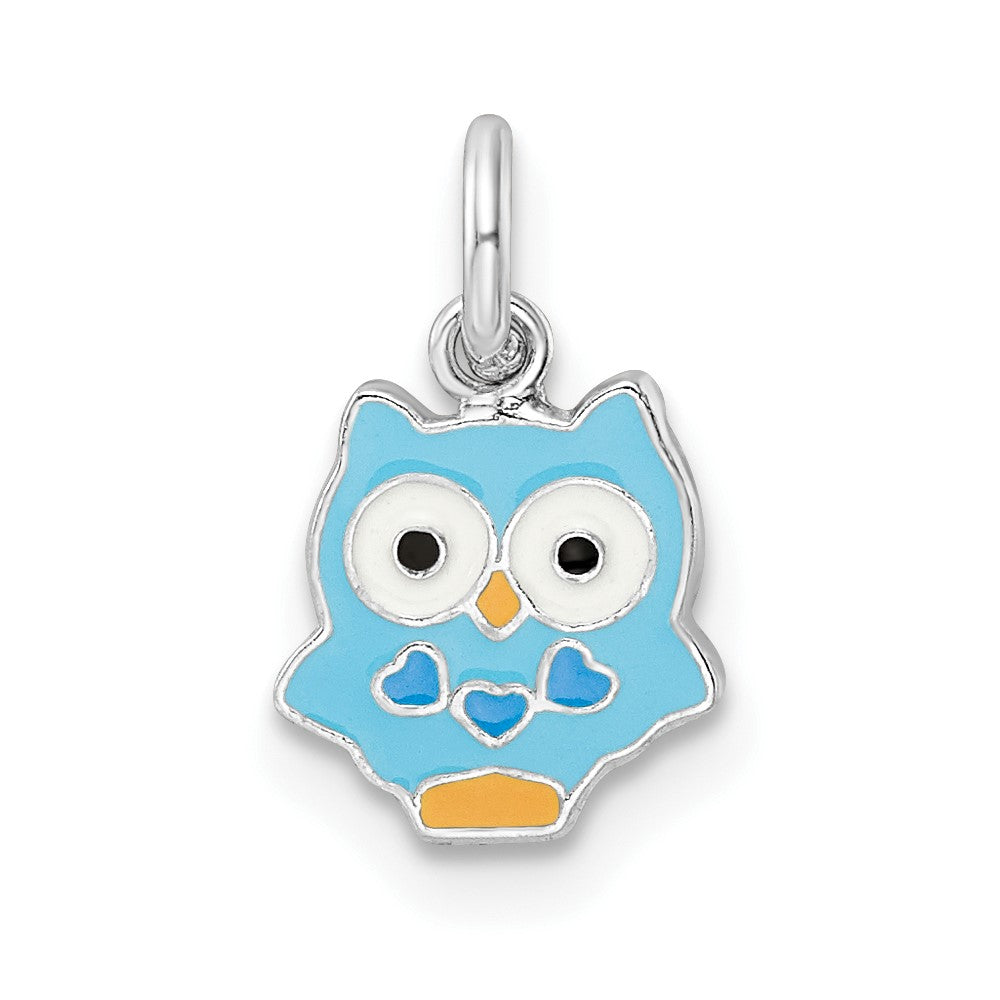 Sterling Silver RH-plated Enamel Kids Blue Owl Pendant