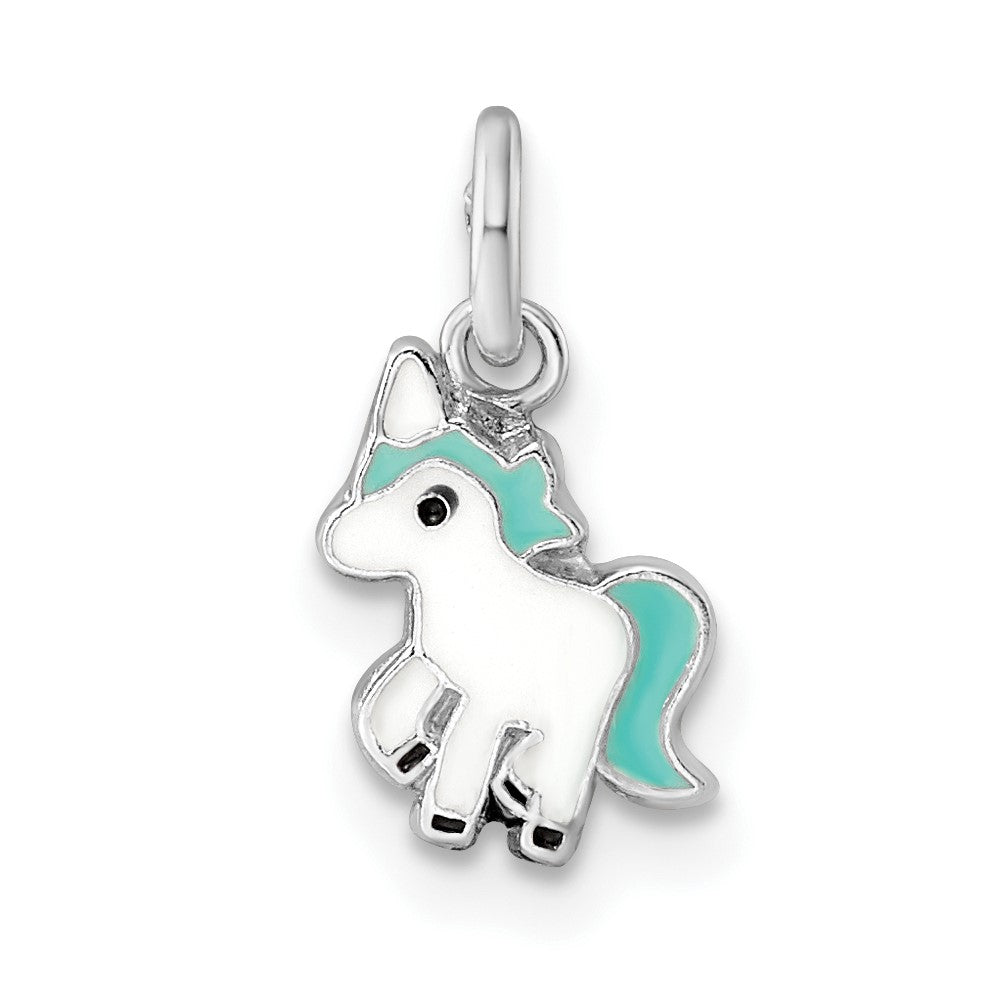 Sterling Silver RH-plated Blue/White Enamel Kids Unicorn Pendant
