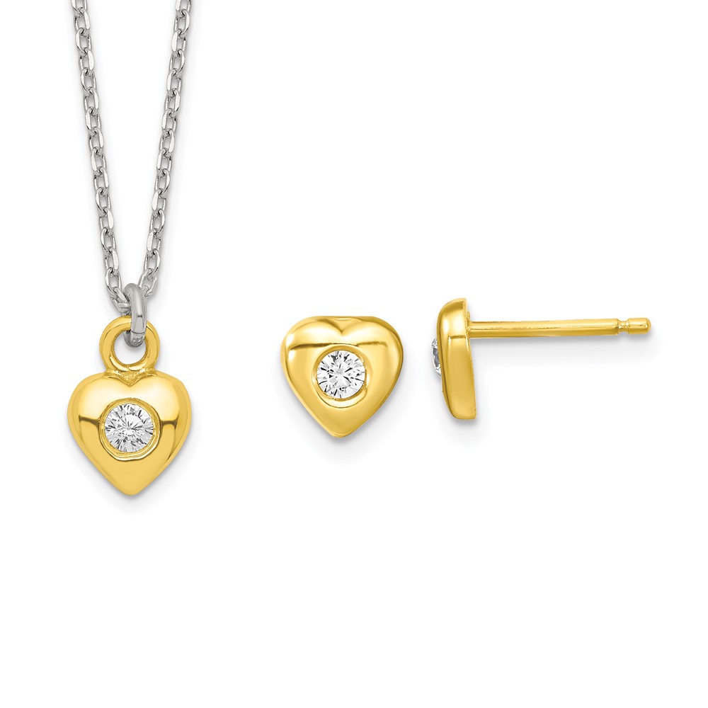 Sterling Silver Gold-tone Kids CZ Heart Necklace and Post Earrings Set