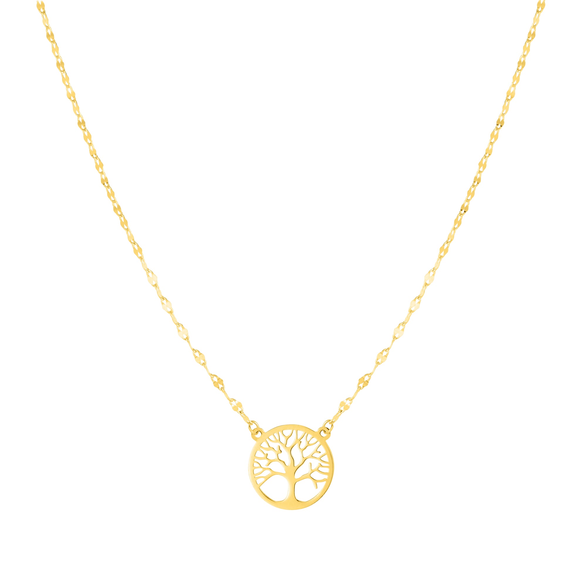 14K Gold Tree of Life on Mirror Chain Necklace
