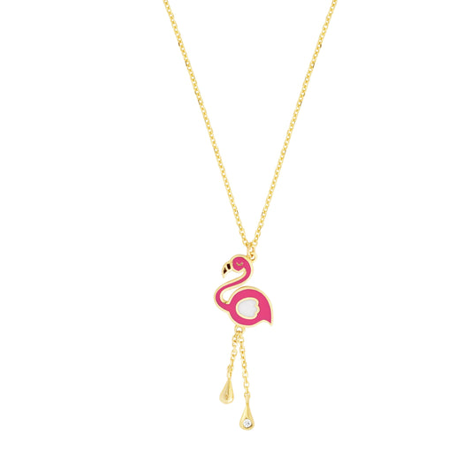 14K Gold Enamel Flamingo Necklace