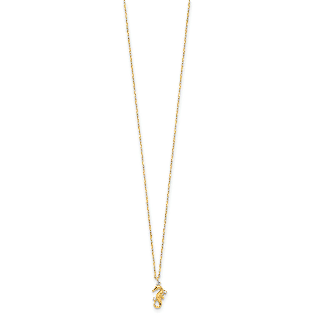 14k Yellow Gold Polished CZ Seahorse w/1.25 in ext Necklace