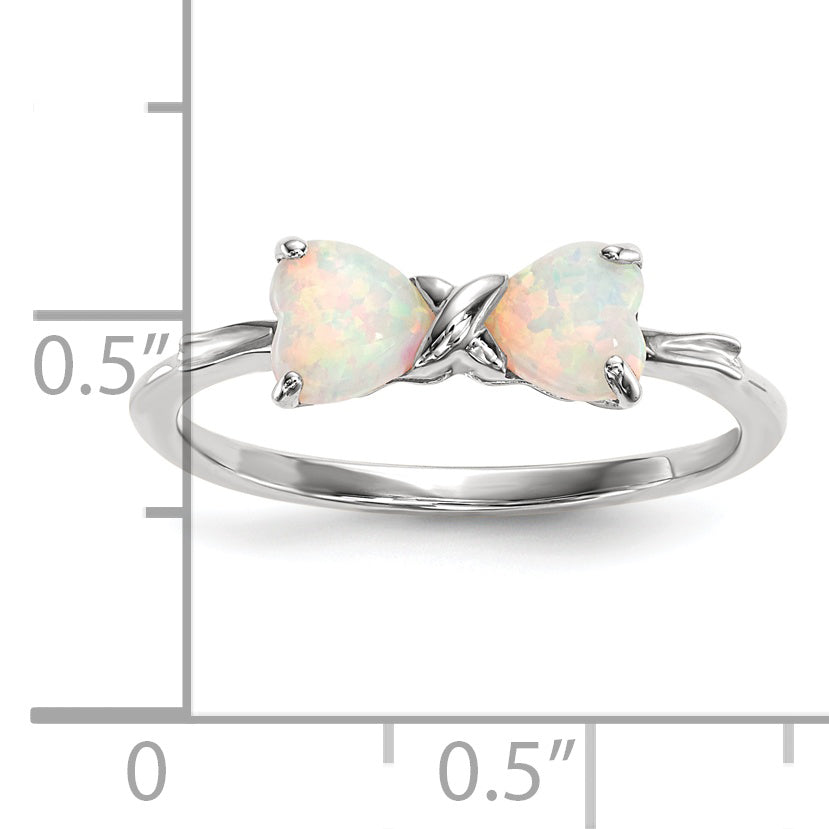 14k White Gold Polished Created Opal Bow Ring