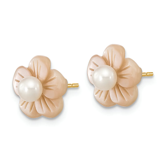 14K 3-4mm Round White FWC Pearl Pink MOP Flower Earrings