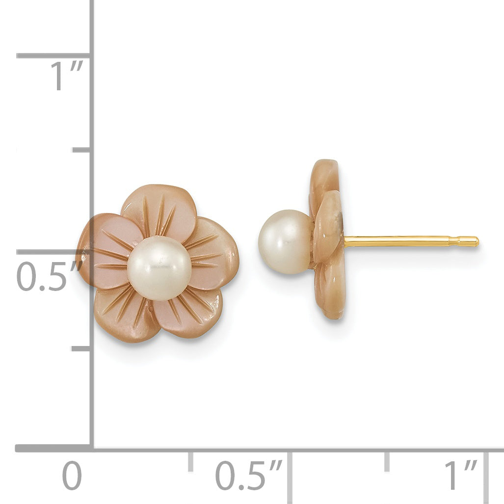 14K 3-4mm Round White FWC Pearl Pink MOP Flower Earrings