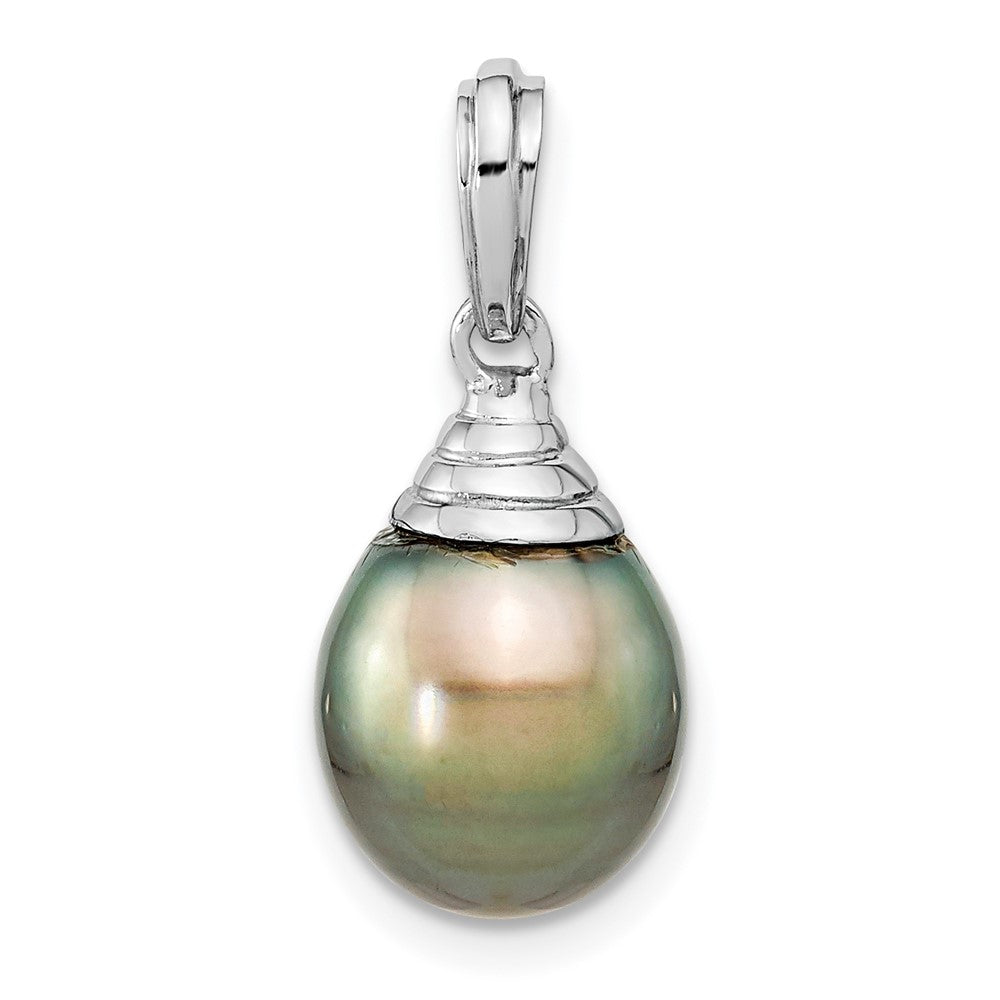 14K White Gold 9-10mm Teardrop Black Saltwater Tahitian Pearl Pendant