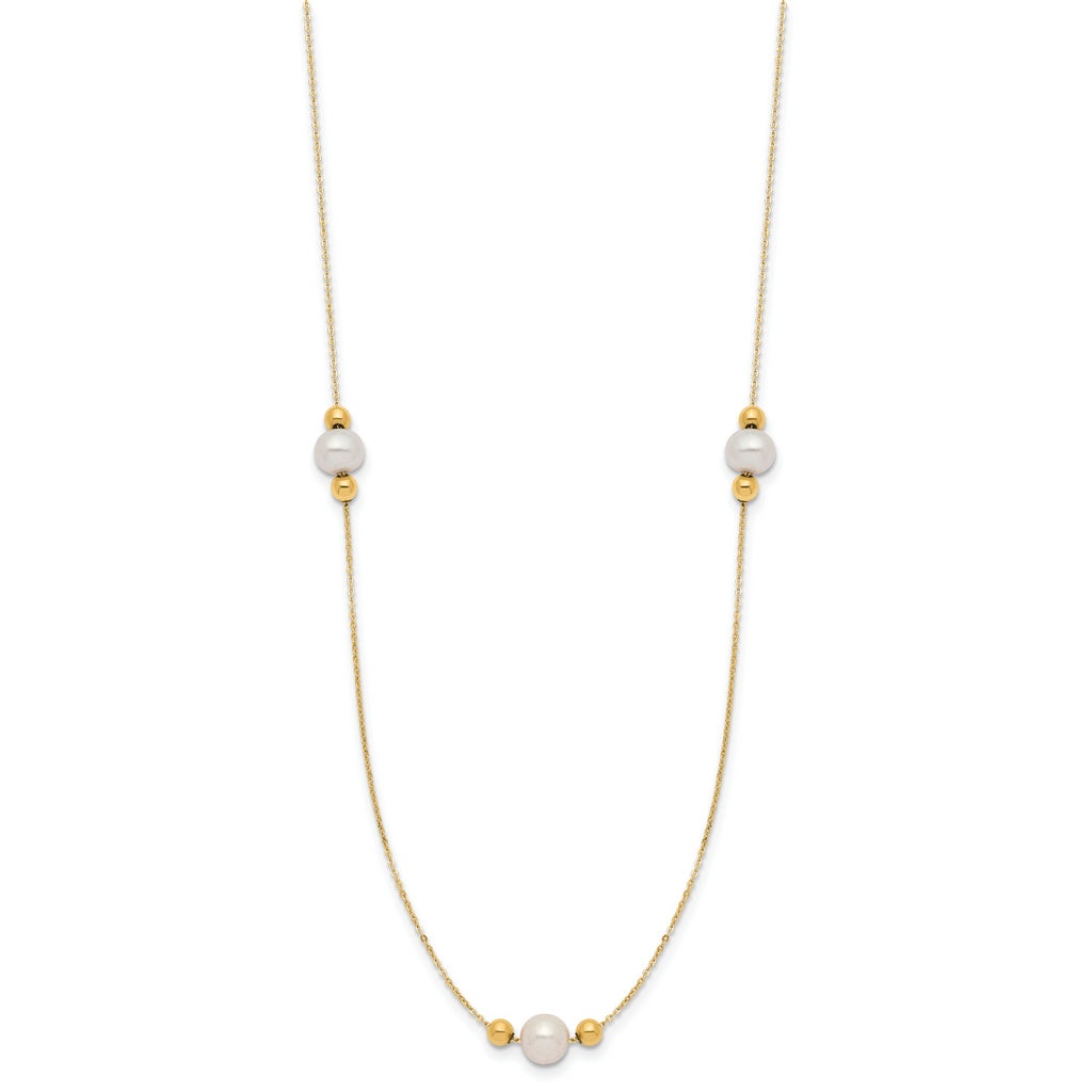 14K Polished FWC Pearl and Bead 3 Station 16in w/2 in ext. Necklace