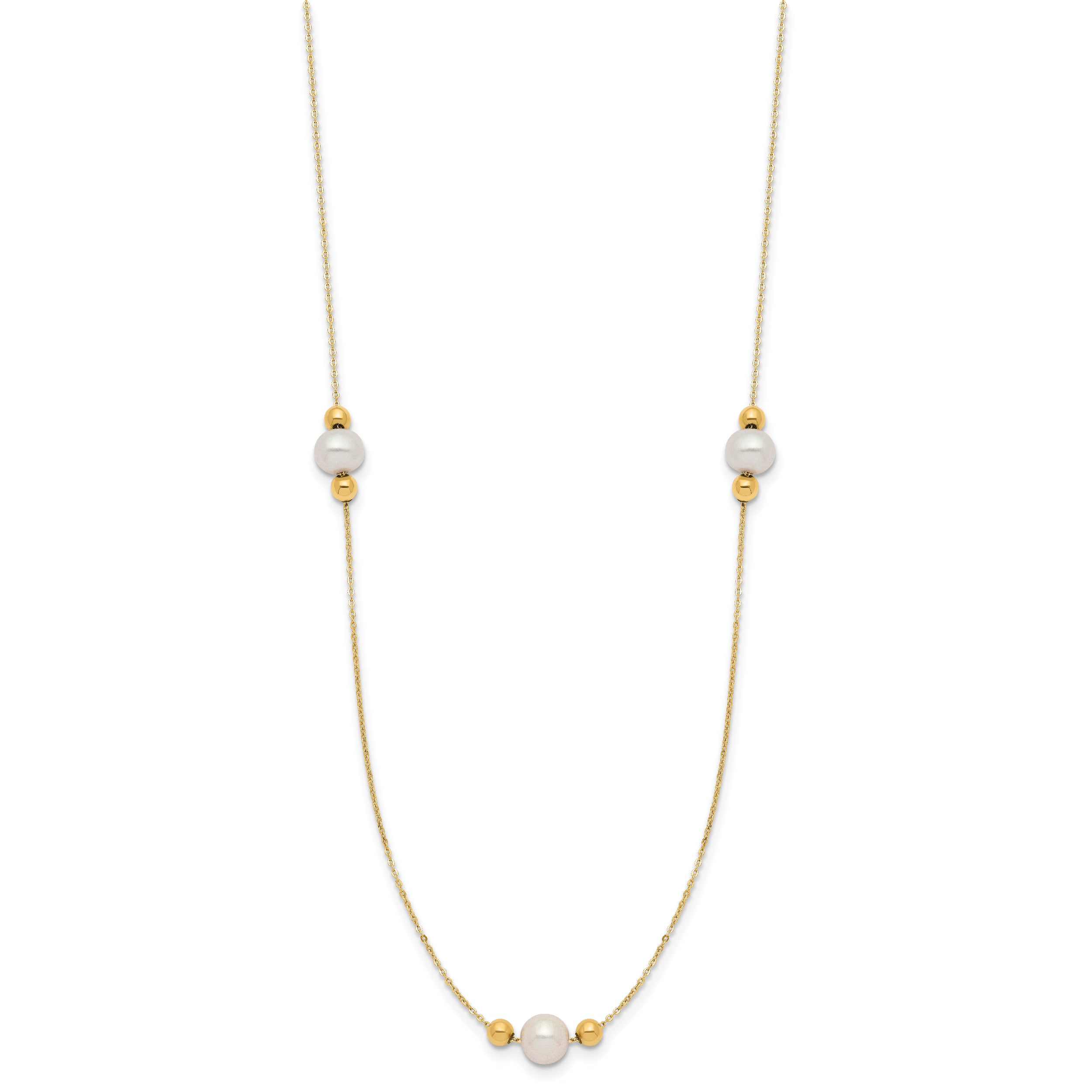 14K Polished FWC Pearl and Bead 3 Station 16in w/2 in ext. Necklace