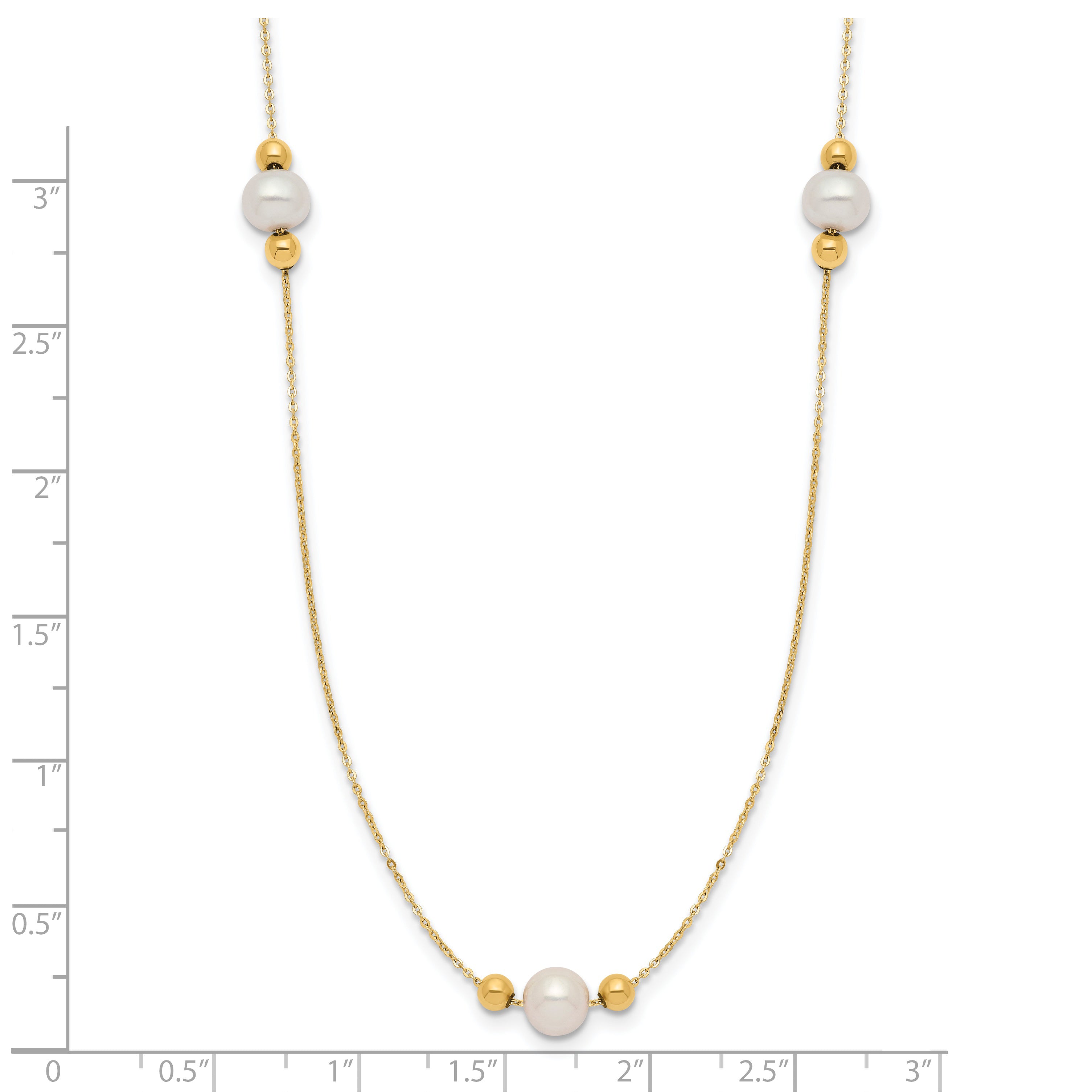 14K Polished FWC Pearl and Bead 3 Station 16in w/2 in ext. Necklace