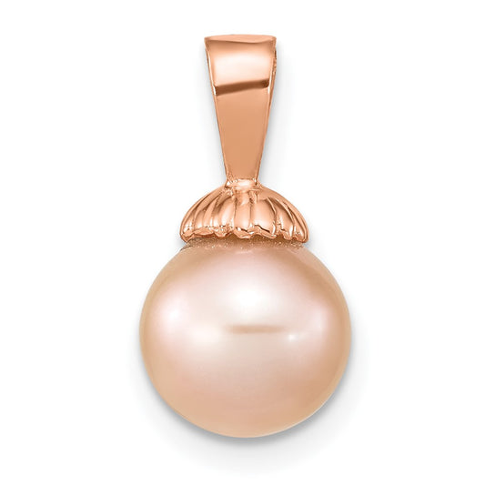 14K Rose Gold 8-9mm Round Pink Freshwater Cultured Pearl Pendant